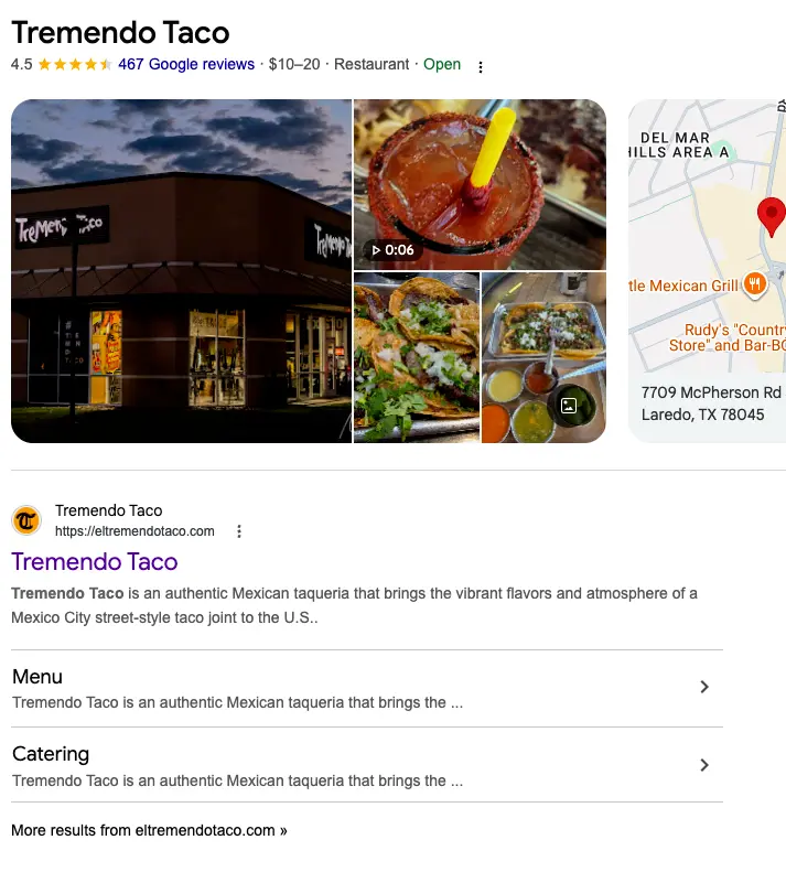Google results for Tremendo Taco showing the business knowledge panel with photos, reviews, map, and sitelinks to menu and catering