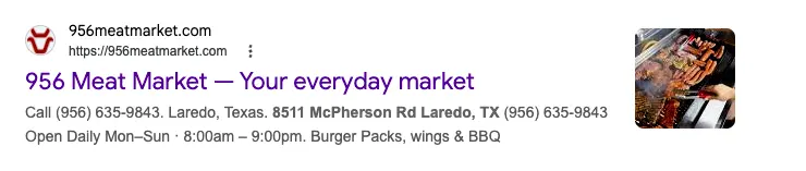Google result for 956 Meat Market showing phone number, address, and daily hours in the description